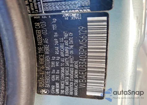 2003 BMW 325 Xi z USA, uszkodzony, nr VIN WBAEU33403PM56129